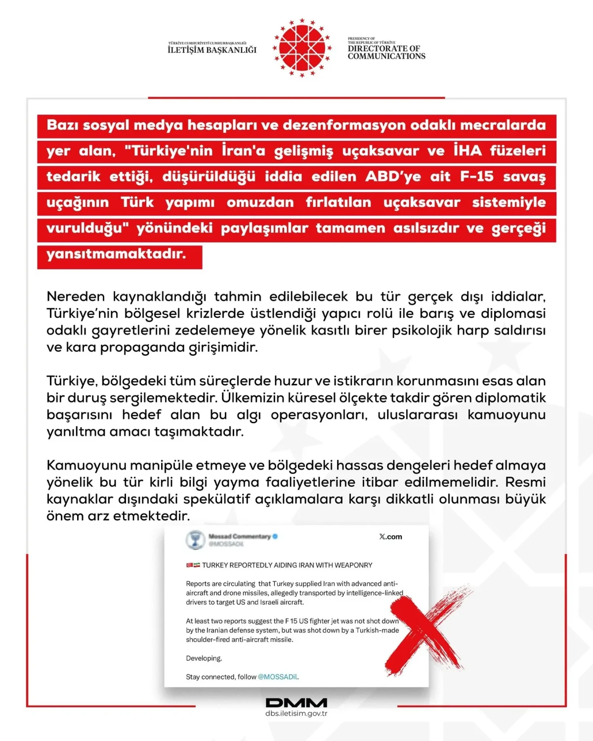 DMM'den 'Türk silahıyla F-15 vuruldu' ve 'İran'a füze tedariki' iddialarına yalanlama